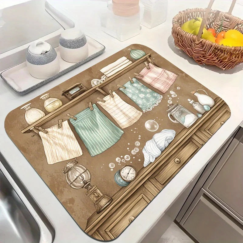 A vintage laundry appliance cover is displayed on a wooden tray with various fabric and metal items.