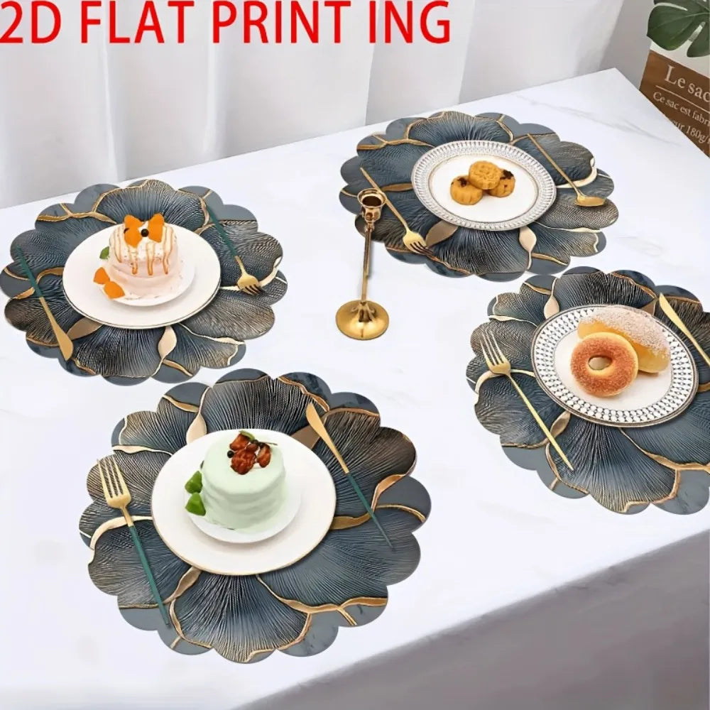 A set of six dark blue floral non-slip placemats with gold accents and white plates for modern dining.