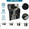 A black and gray abstract marble linen table runner displayed in various hanging lengths.