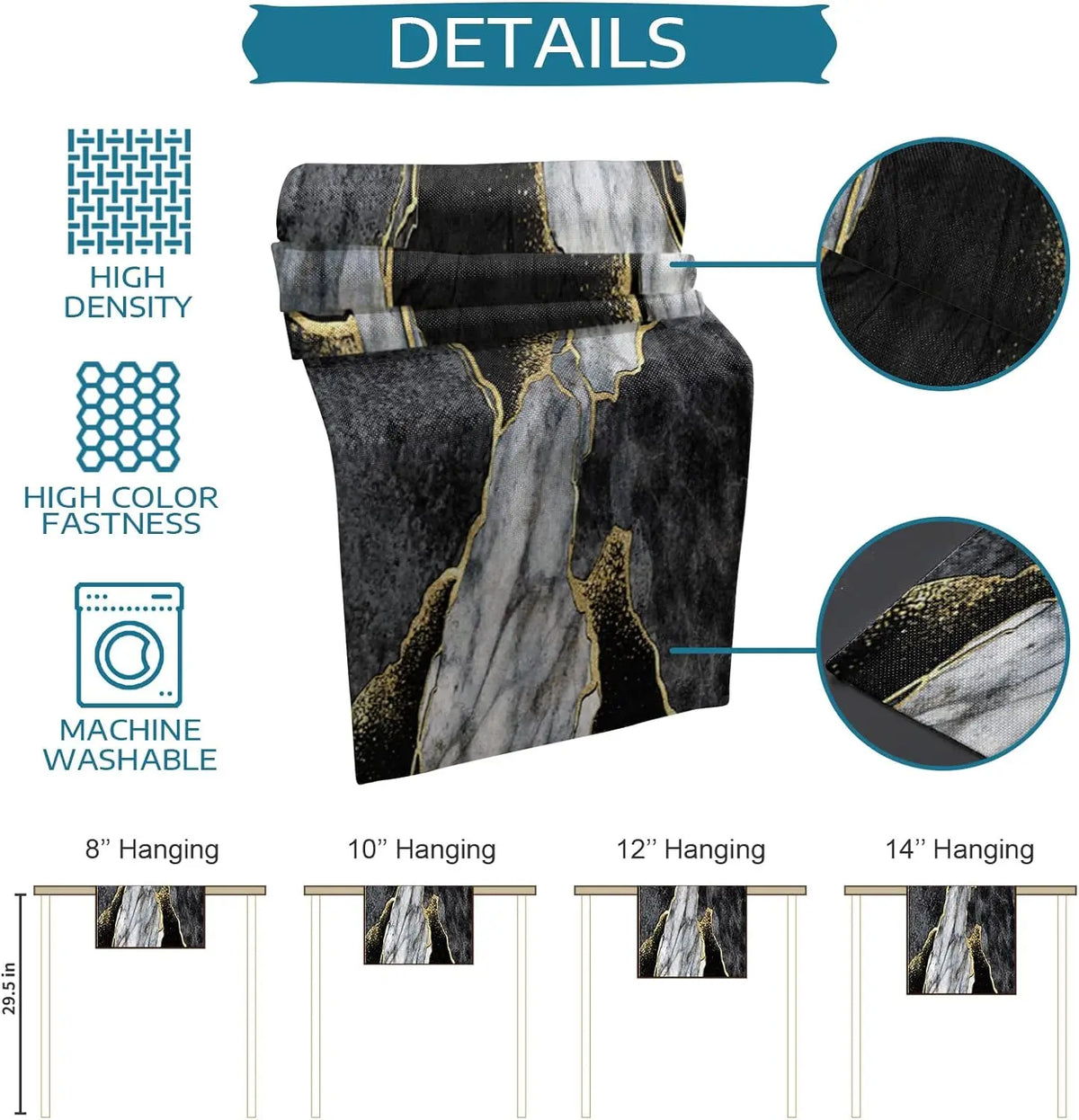 A black and gray abstract marble linen table runner displayed in various hanging lengths.