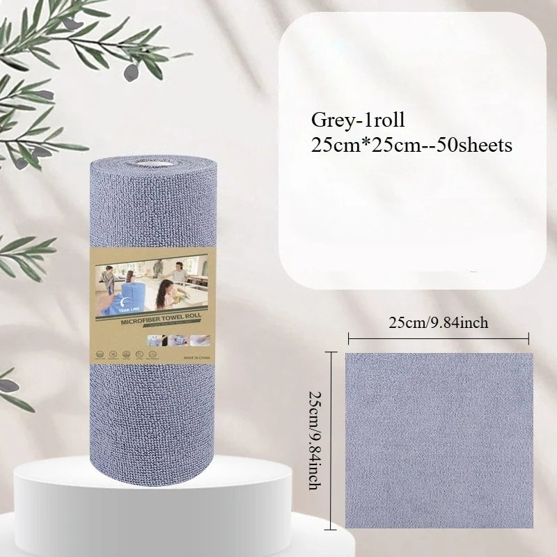A roll of grey microfiber cleaning towels with a rectangular swatch showing the size and usage.