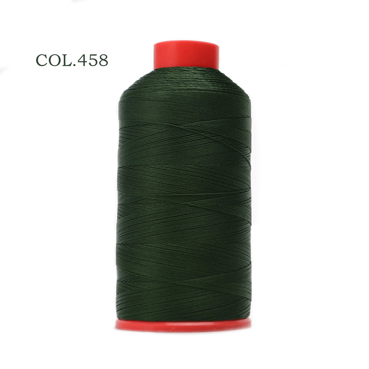 A spool of dark green heavy duty nylon sewing thread with a red cap.