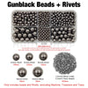 A box containing gunblack beads and rivets, including various sizes of beads and rivets.