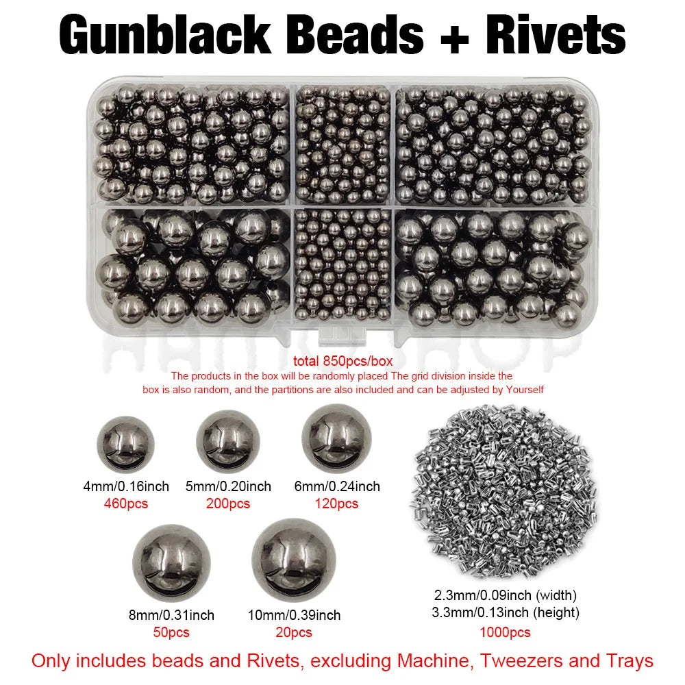 A box containing gunblack beads and rivets, including various sizes of beads and rivets.