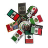 A collection of embroidered national flag patches, including the Mexican flag and a skull design.