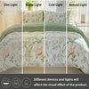 Leaf floral duvet cover set displayed under four lighting conditions: dim, warm, cold, and natural light.
