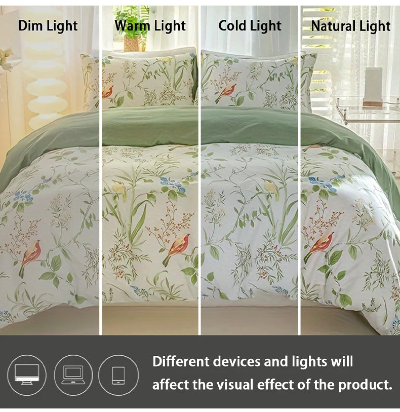 Leaf floral duvet cover set displayed under four lighting conditions: dim, warm, cold, and natural light.