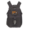 A dark gray backpack featuring a patch with the text I'm your Huckleberry and a skull design.
