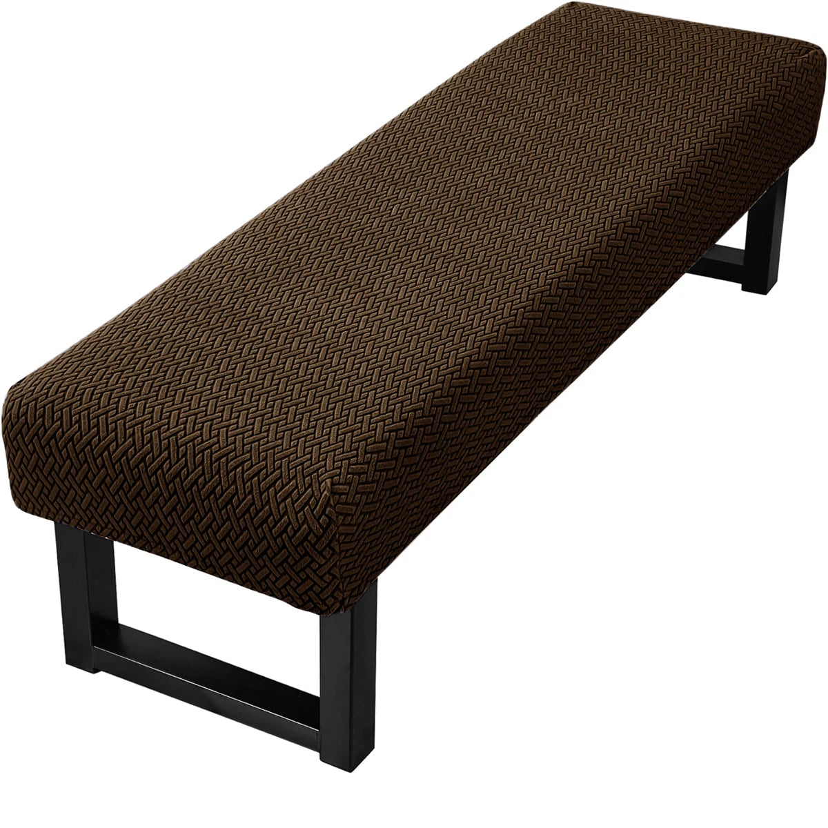 A dark brown stretch jacquard dining bench cover with a black frame.