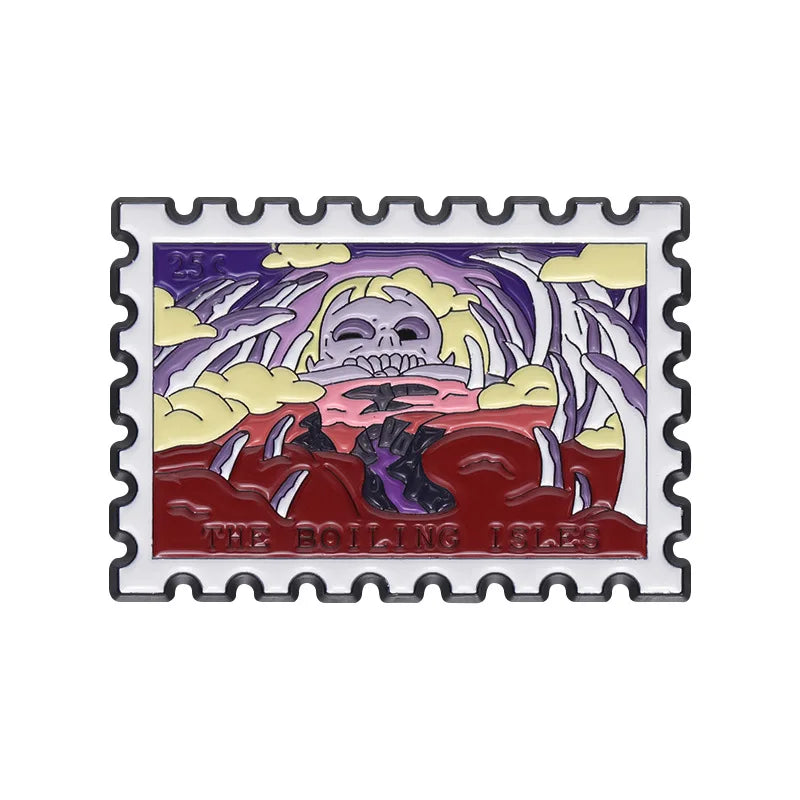 A vintage enamel lapel pin featuring a stylized skull and landscape design.