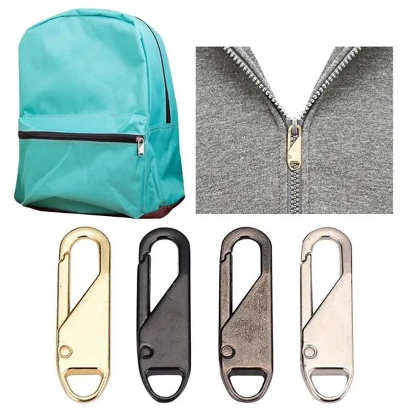 A set of zipper pull replacements in gold, black, and silver metal for bags and garments.