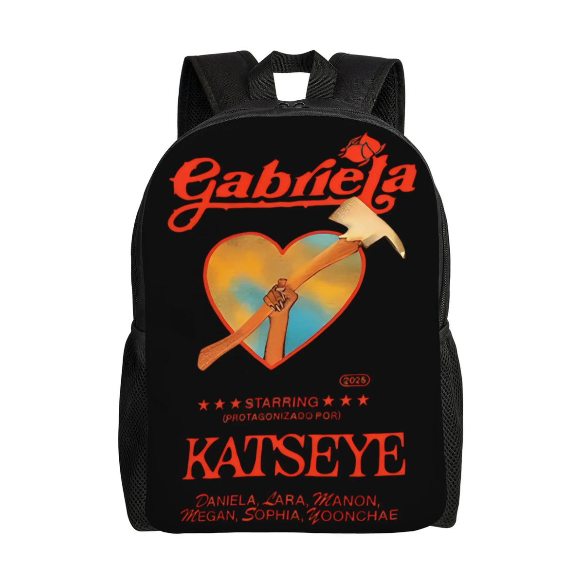 Black canvas backpack featuring a graphic design with a heart and a hammer, and the name Katseye.