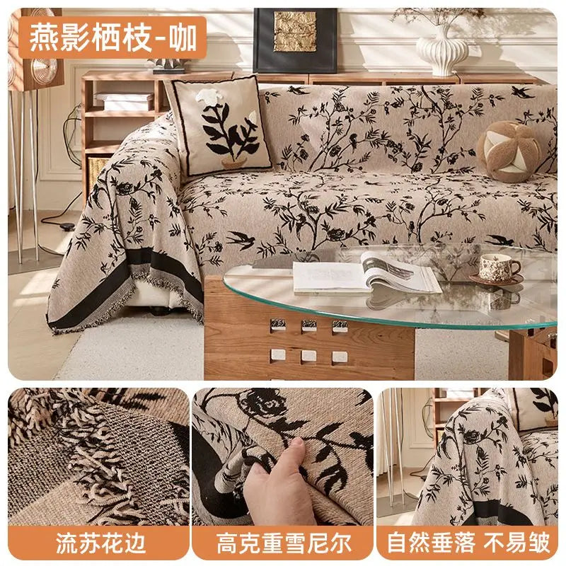 A floral patterned chenille sofa slipcover displayed on a wooden table, with close-ups of the fabric texture and finished edg