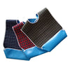 Adult waterproof mealtime bib with adjustable neck and catch-all pocket featuring plaid fabric and blue leather trim