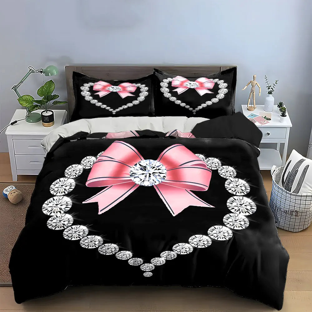 Black bedding set featuring a diamond heart print with pink and white bows for girls