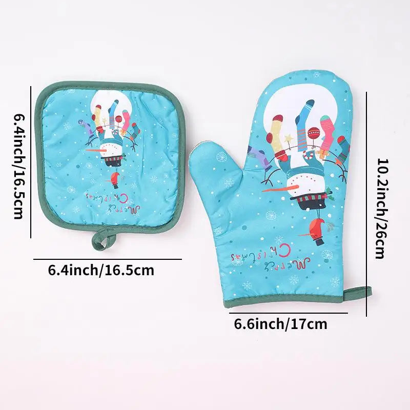 Blue insulated oven mitts featuring a festive Christmas design with Santa and a snowman.