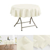 A cream satin round table cloth draped over a metal pedestal table base.