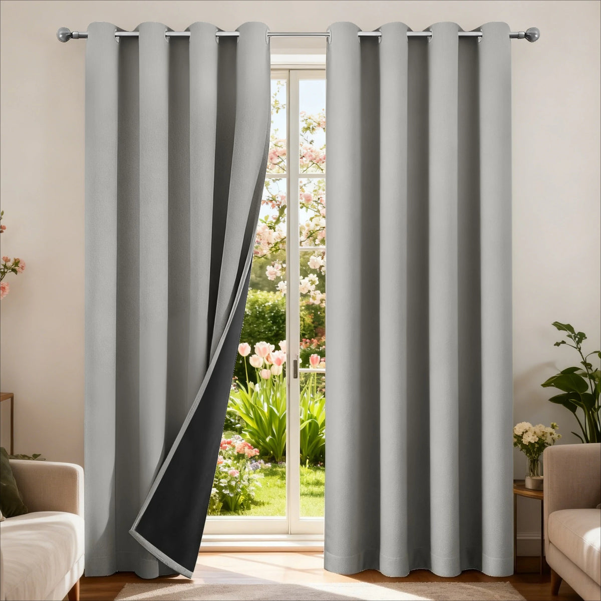 Gray blackout thermal curtain panels hanging in a window frame with greenery visible outside