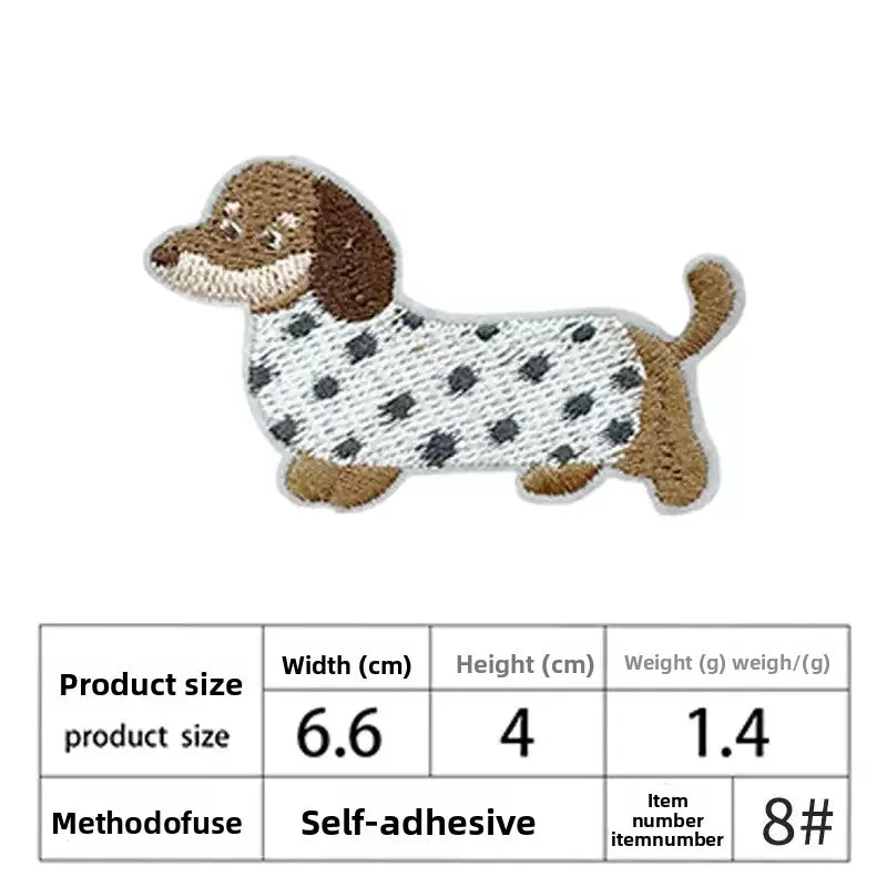 A light brown and white dog embroidered patch featuring a spotted coat.