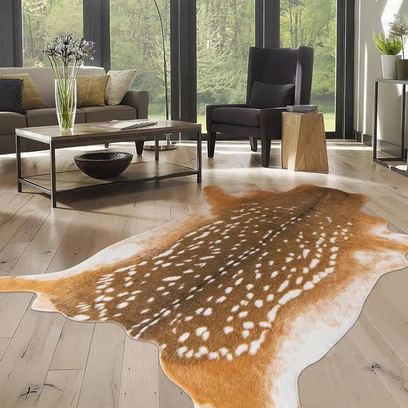 A large, irregular brown and white faux animal skin rug placed on a light wood floor in a modern living room.