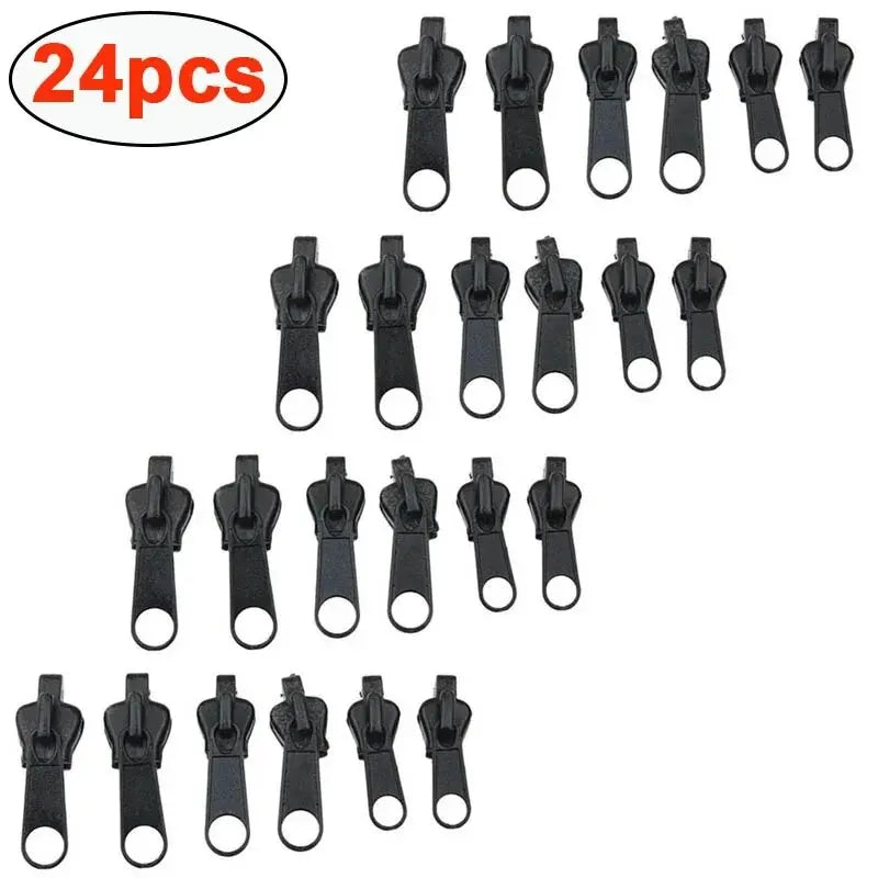 A set of 24 zipper repair kits for clothing and bags, showing various sizes and types of zipper pulls.