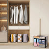 A wooden closet shelf displaying hanging garments and storage bags.