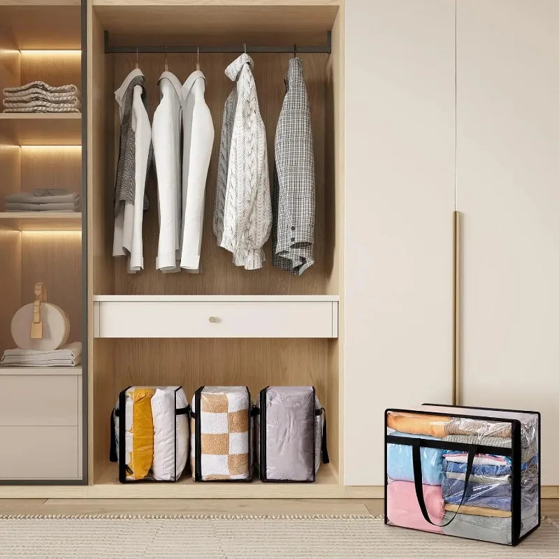 A wooden closet shelf displaying hanging garments and storage bags.