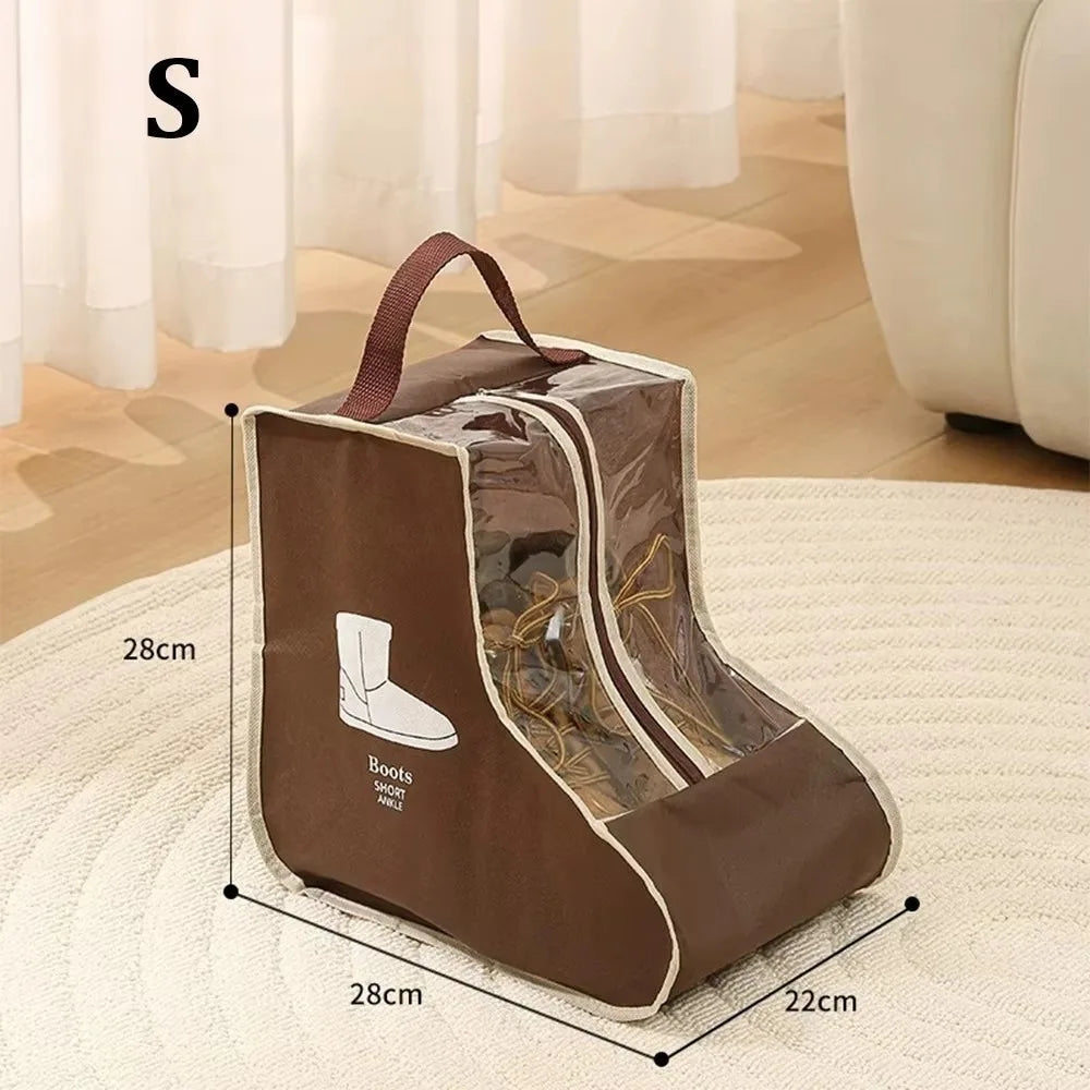 A brown waterproof foldable boots storage bag with a handle, shown on a light rug.