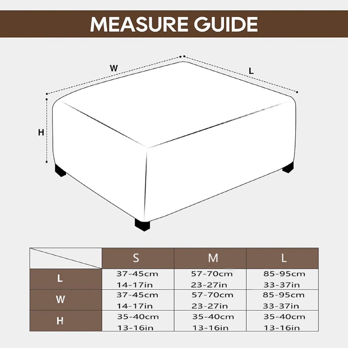 Measure guide showing dimensions for a stretch jacquard ottoman and stool cover in inches and centimeters.