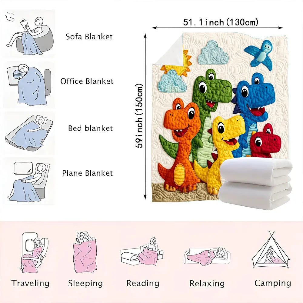 A collection of dinosaur cartoon throw blankets shown alongside various activities like traveling, sleeping, reading, relaxin