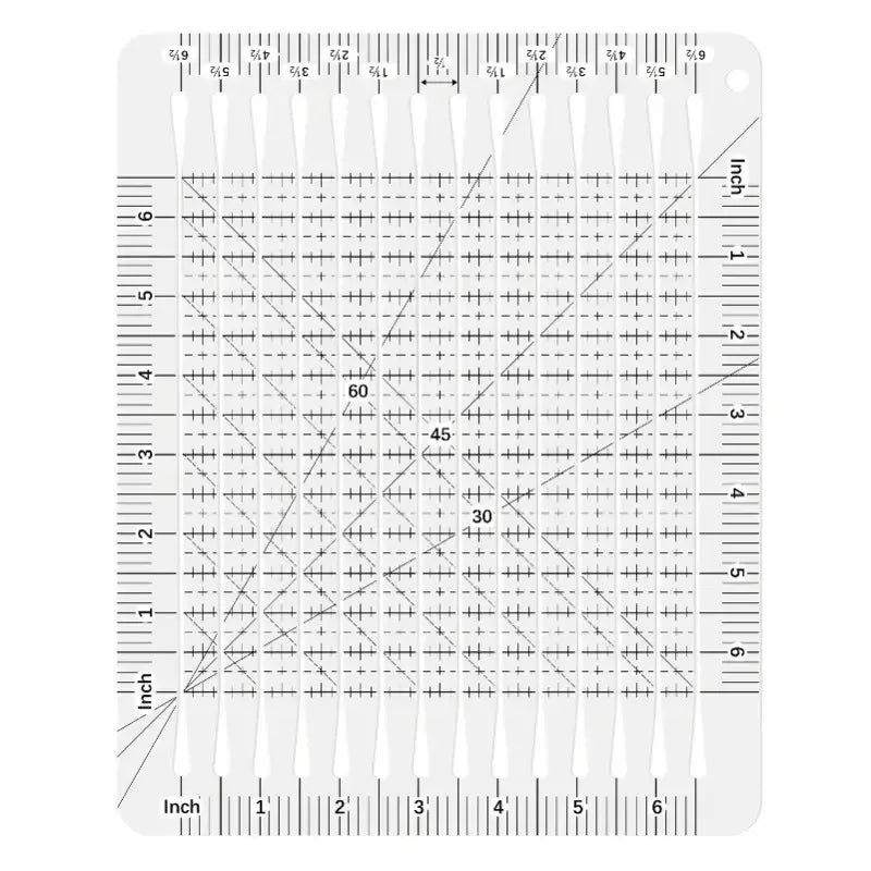 A precision acrylic quilting ruler with a dual scale and seam rail marked in inches and centimeters.