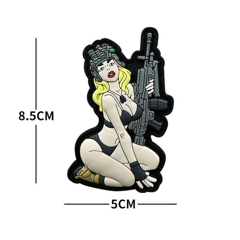 A black embroidered patch featuring a female character with blonde hair and a skull design.