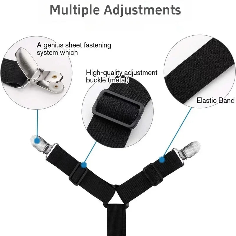 Close-up view of adjustable black elastic band and metal fastening system for securing bed sheets.