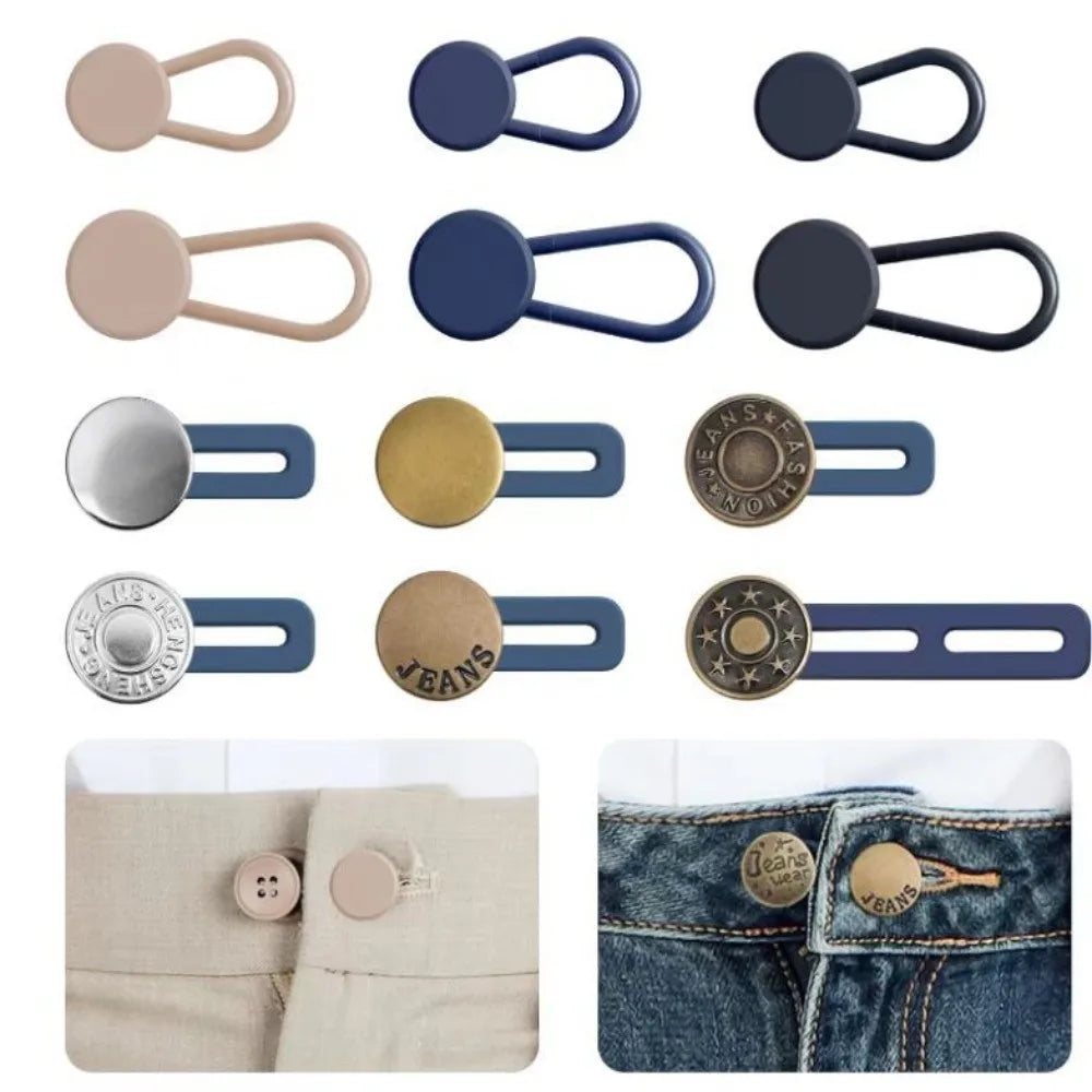 A collection of metal waistbands and extenders in various colors including beige, gray, and blue.