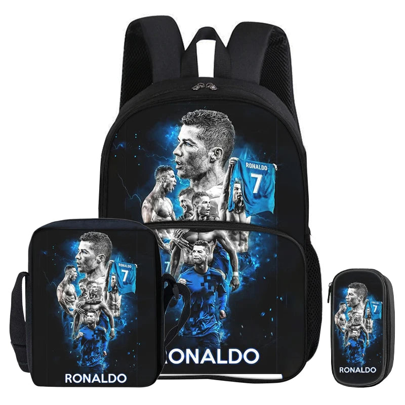 Black backpack featuring a graphic of Cristiano Ronaldo and the number 7 on the front pocket