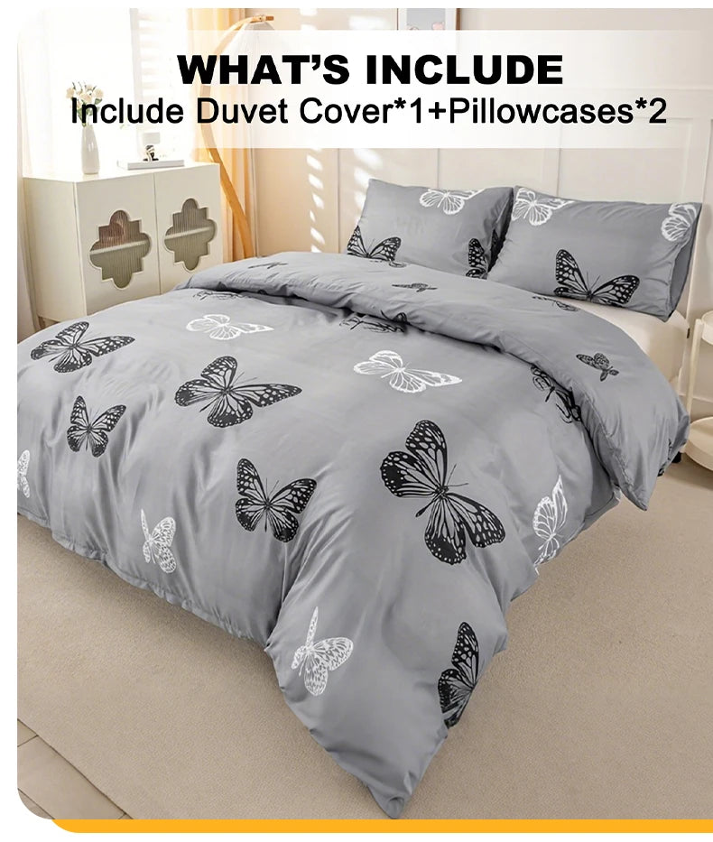 Gray butterfly print duvet cover set with two pillowcases displayed on a bed.