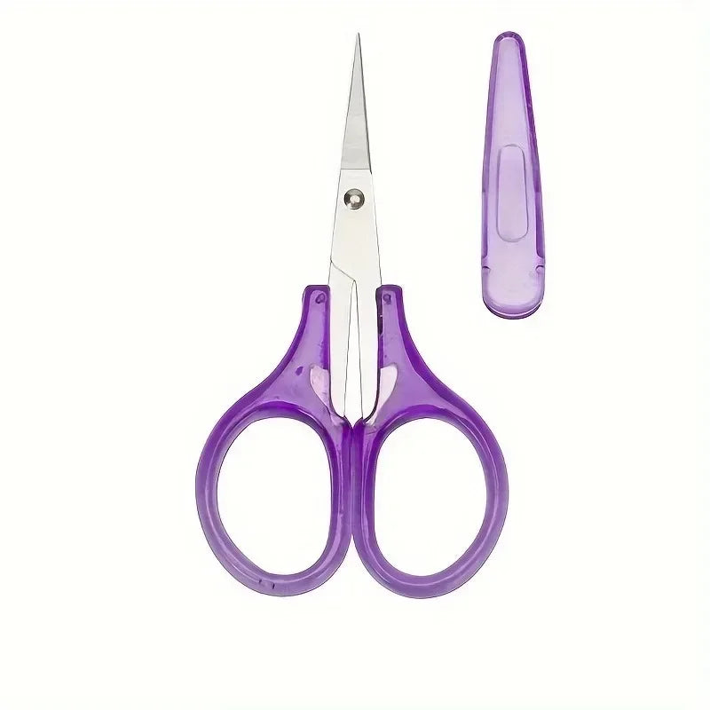 A pair of purple precision craft scissors with a protective cap shown against a white background.