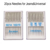A set of 20 precision sewing machine needles for jeans and universal fabric, packaged in two clear plastic containers.