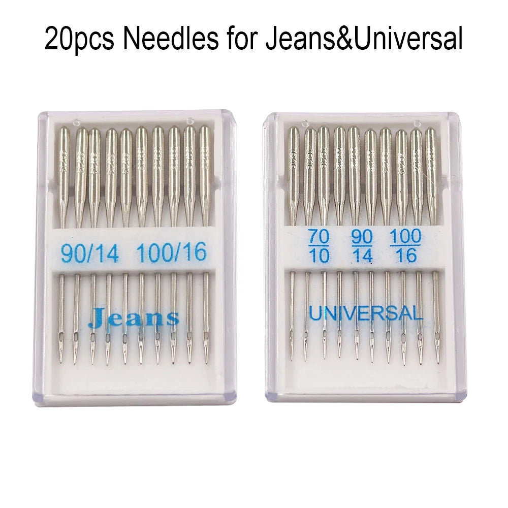A set of 20 precision sewing machine needles for jeans and universal fabric, packaged in two clear plastic containers.