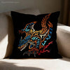 A black pillow cover featuring an orange and blue anime-style monster print on a light-colored sofa.