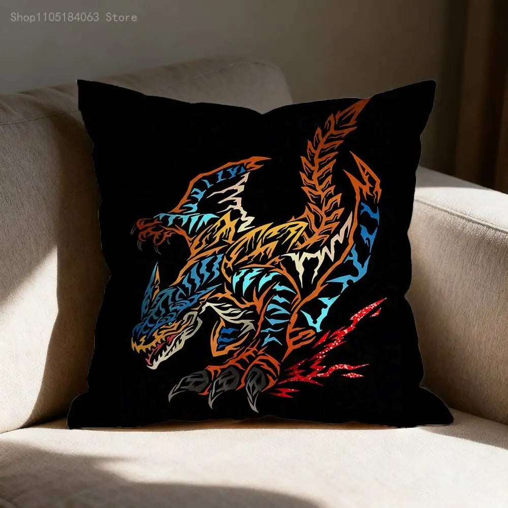 A black pillow cover featuring an orange and blue anime-style monster print on a light-colored sofa.