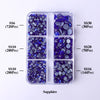A clear plastic container holds various sizes of purple sapphire glass rhinestones categorized by SS6, SS10, SS16, SS20, and 