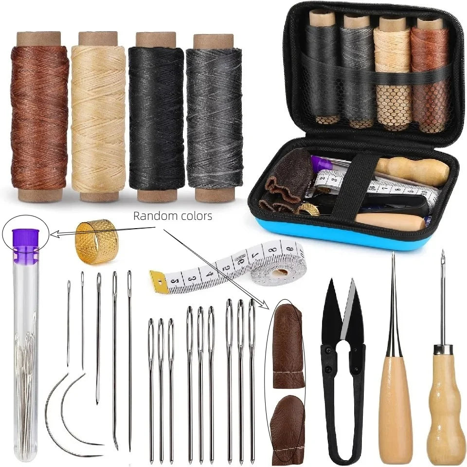 A professional leather craft stitching tool kit showing spools of waxed thread, needles, and various leather tools.