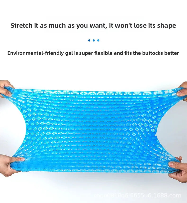 A bright blue, flexible mesh seat cushion is being stretched by hands to demonstrate its elasticity.
