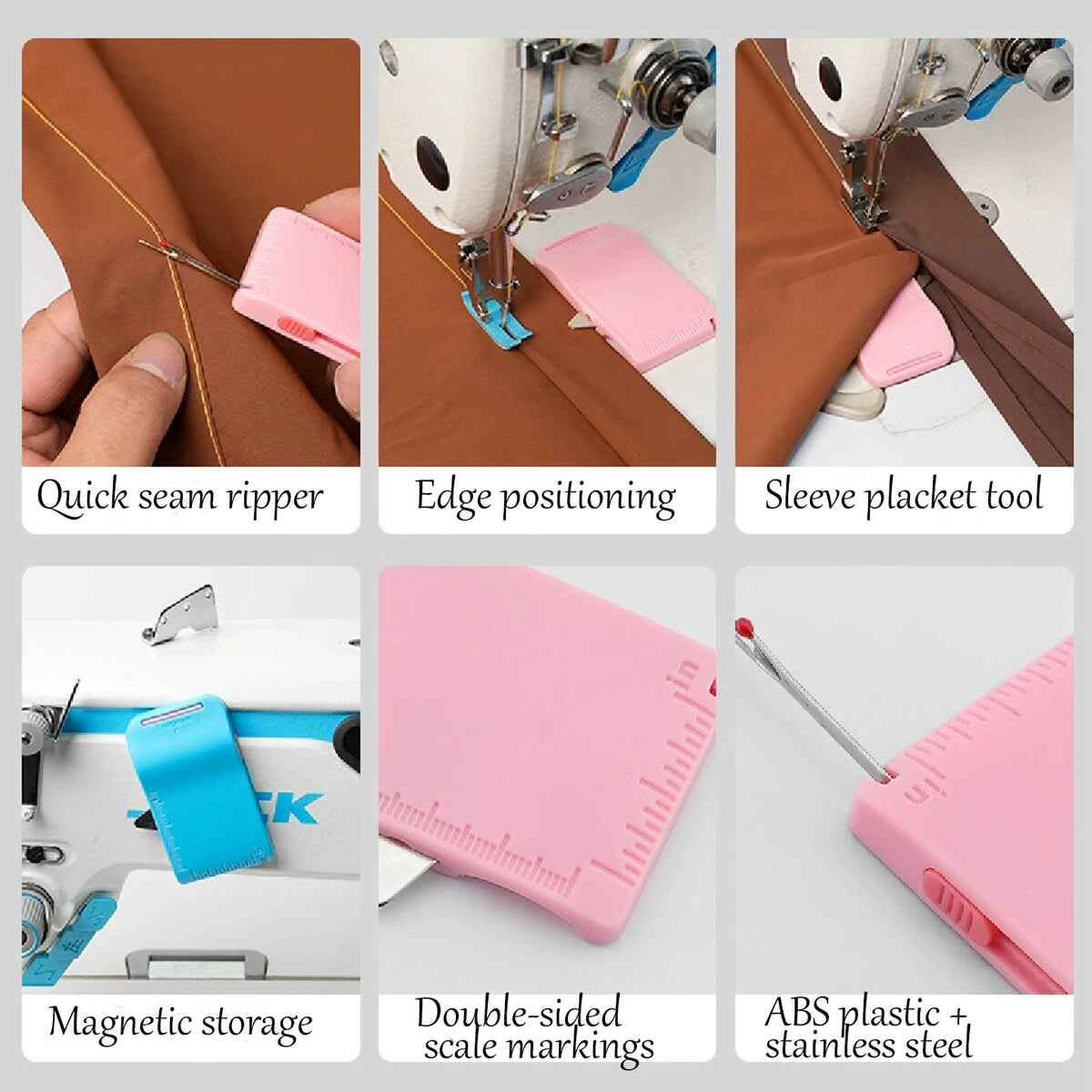 A set of sewing tools including a quick seam ripper, edge positioning tool, sleeve placket tool, magnetic storage, scale mark