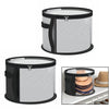 A black fabric storage hat organizer with a lid, shown in multiple views.