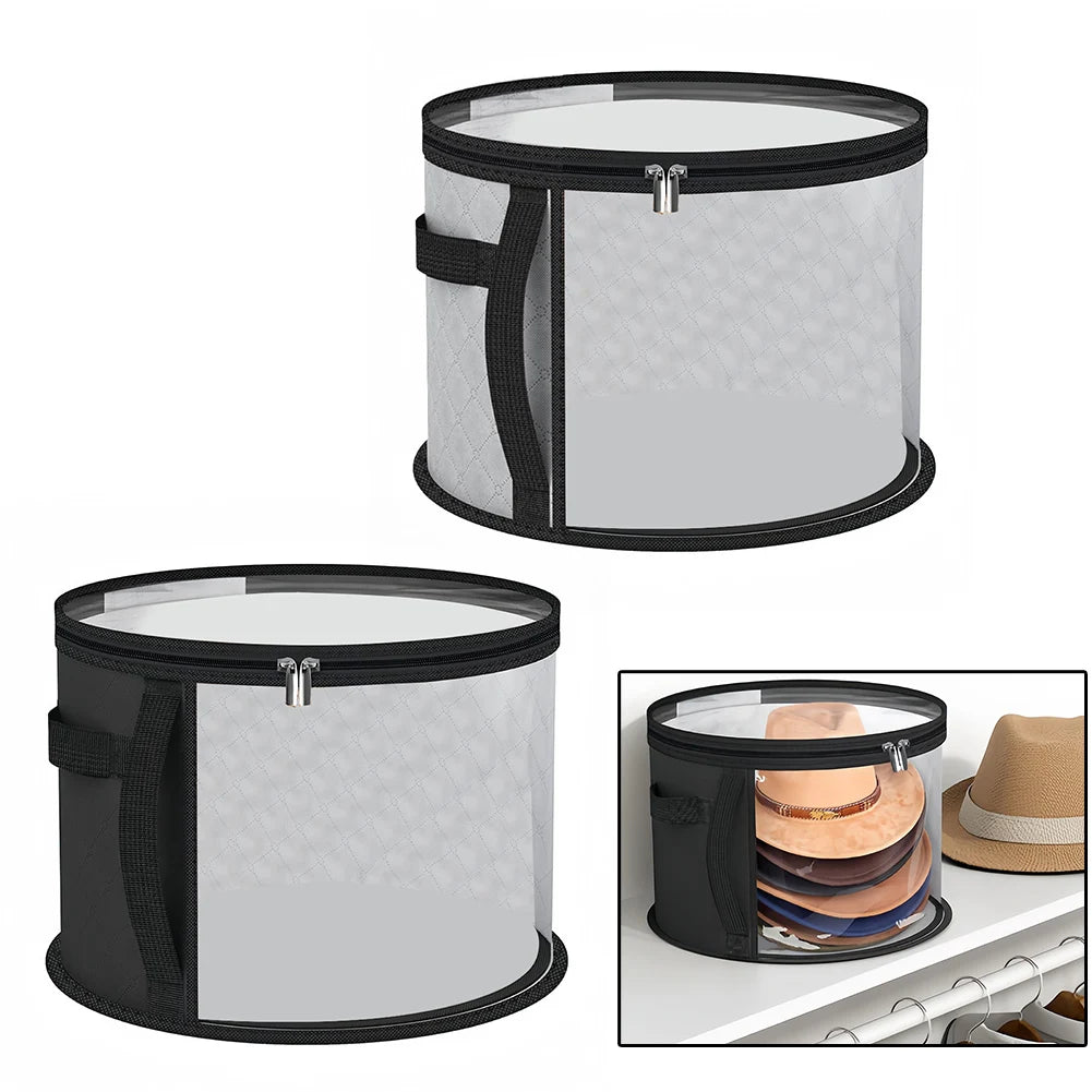 A black fabric storage hat organizer with a lid, shown in multiple views.