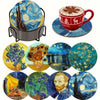 A collection of nine DIY diamond painting coasters featuring various floral, landscape, and celestial designs.
