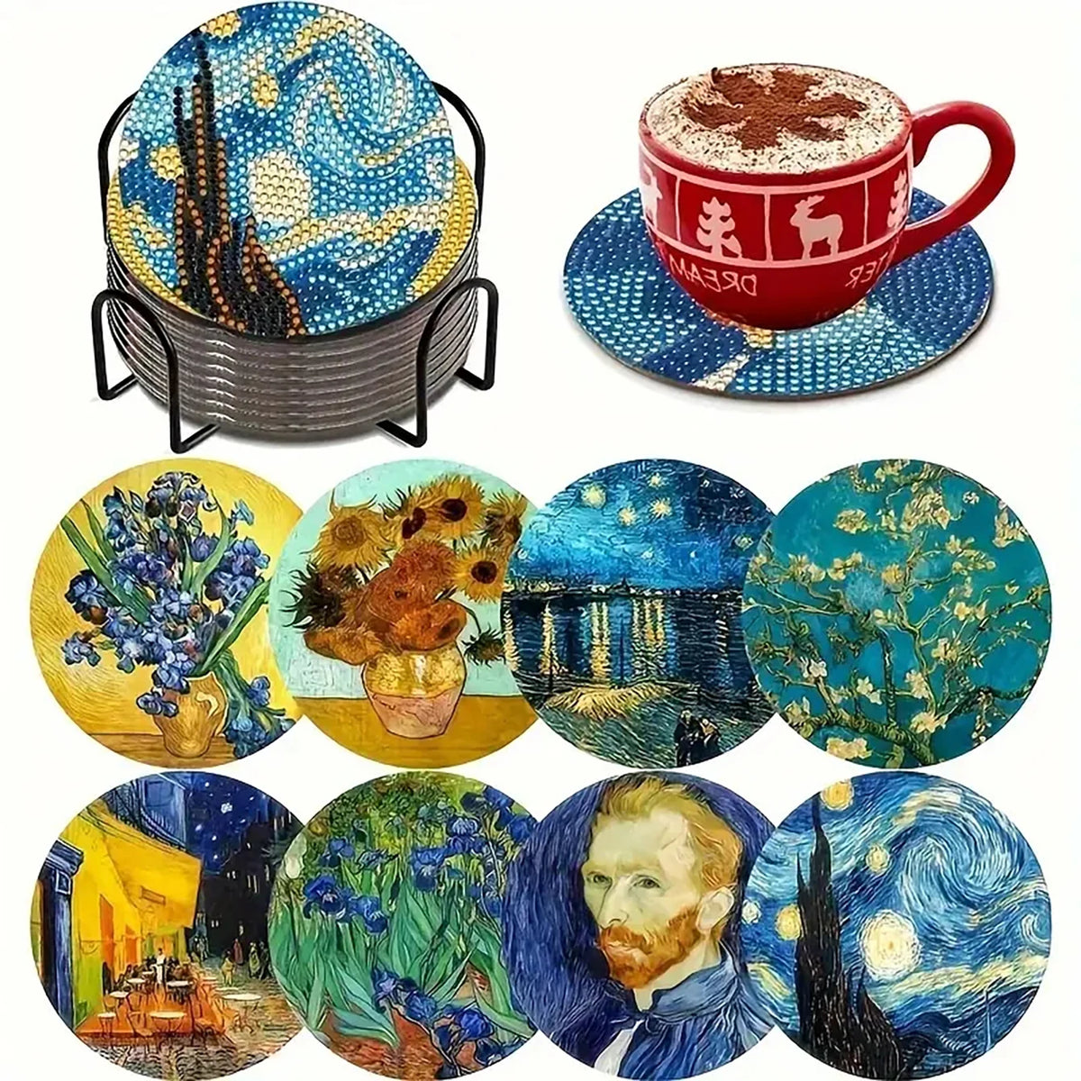 A collection of nine DIY diamond painting coasters featuring various floral, landscape, and celestial designs.