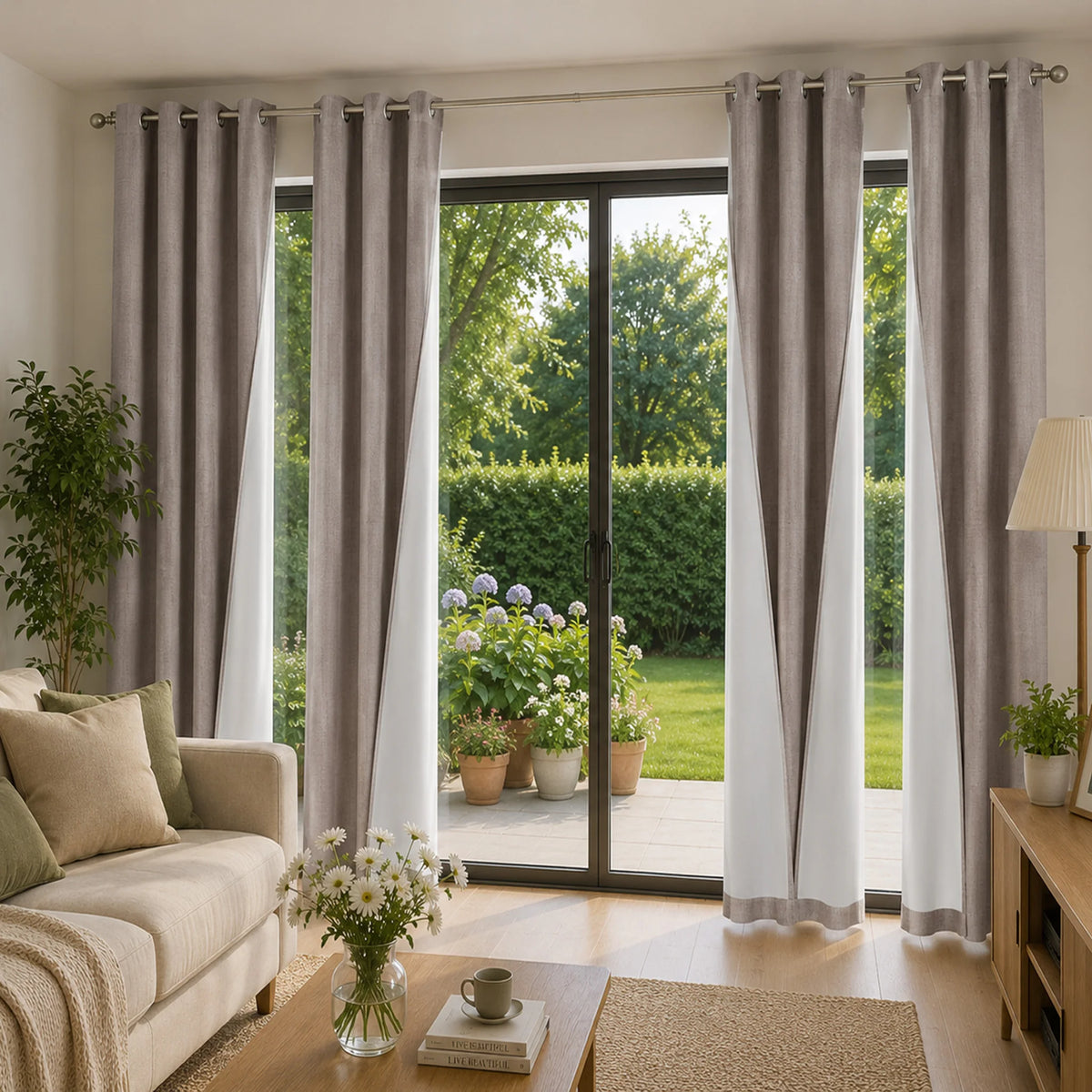 Set of four linen textured blackout curtains in gray and white hanging in a modern living room